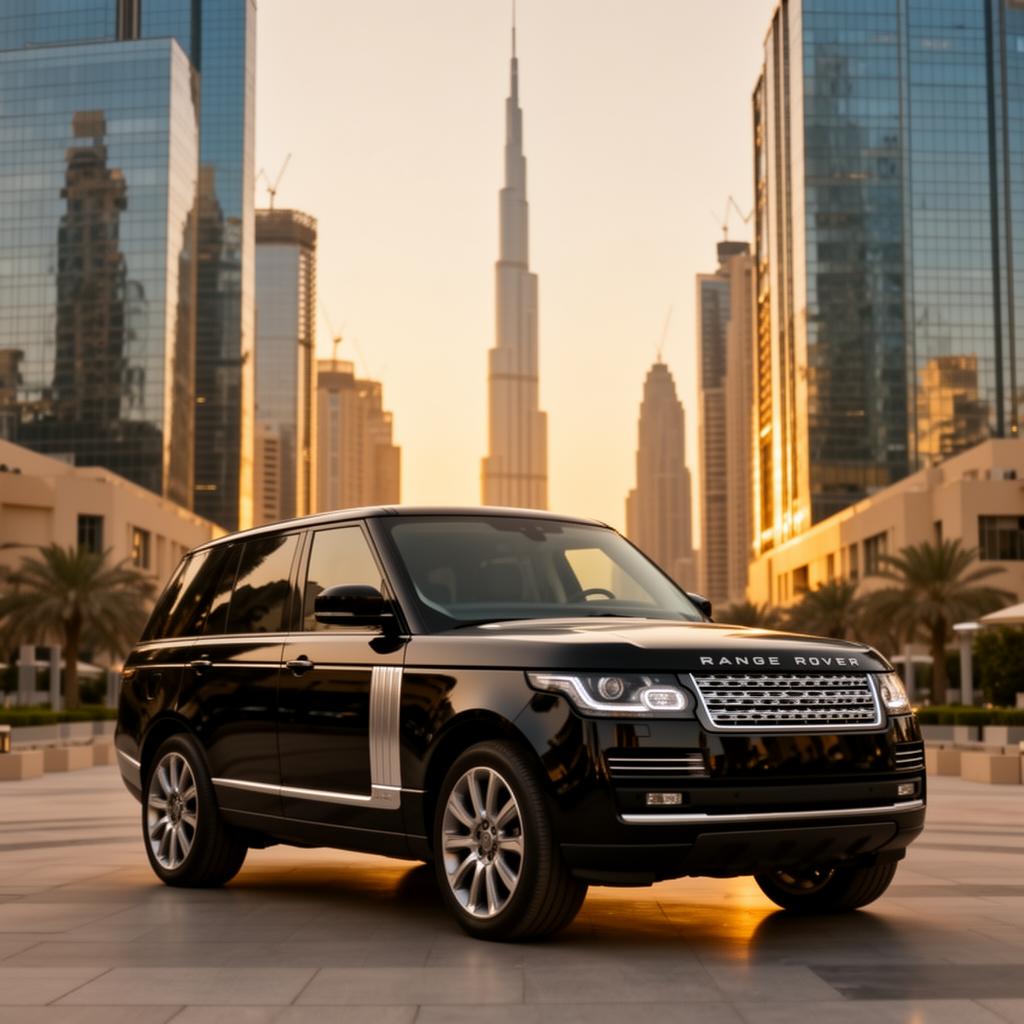 Chauffeur Sofia standing beside a black Range Rover in Dubai