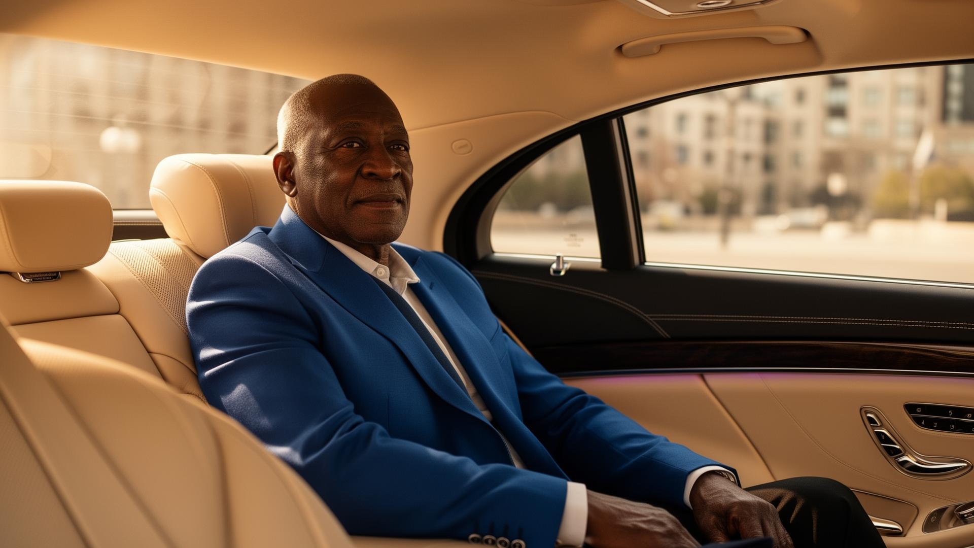 A refined passenger seated in the back of a private chauffeured sedan at golden hour